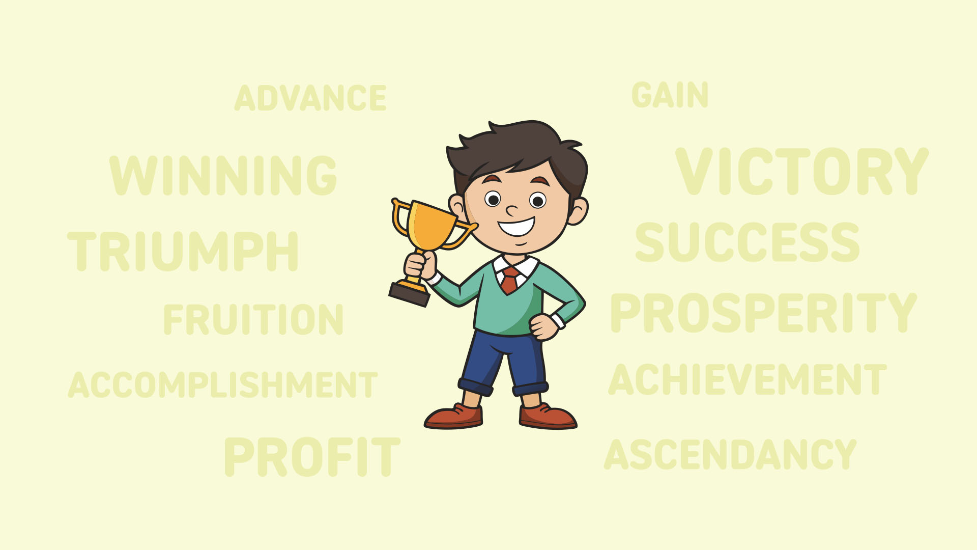 A successful child holding a trophy surrounded by synonyms of the word success